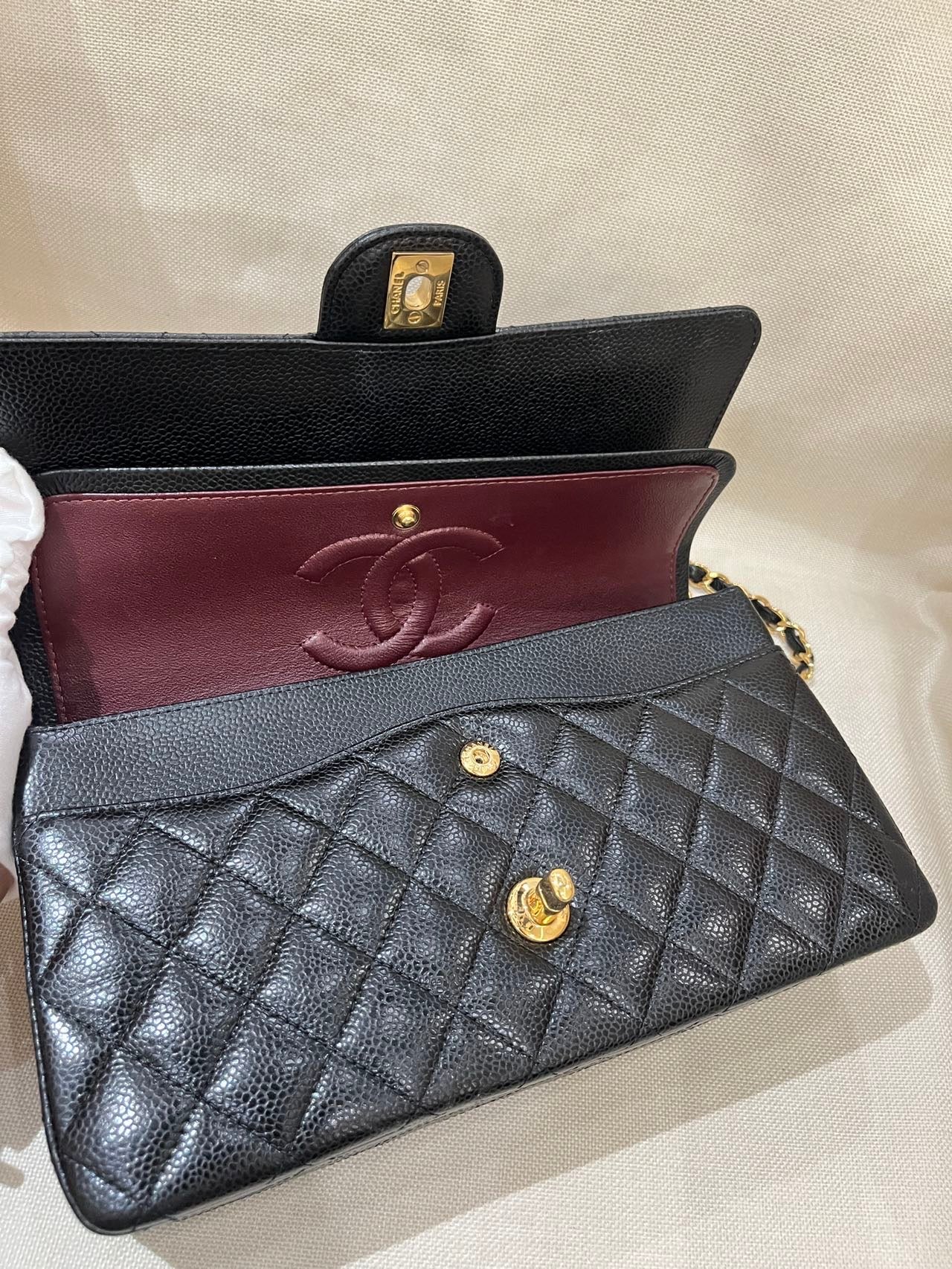 Pre-owned Certified Chanel Medium CF Double Classic Flap in Black Caviar Leather with Golden Hardware, 2021, w/ full set