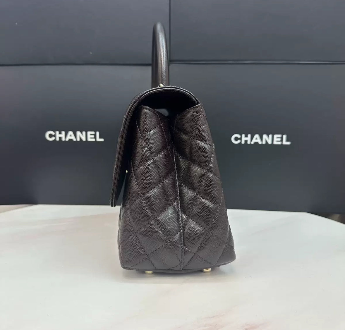 Pre-owned Certified Chanel Coco Handle Medium in Dark Brown Caviar Leather, Light Golden Hardware, Microchipped, w/ full set