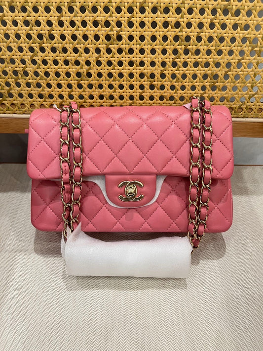 Pre-owned Certified Chanel Small CF Double Classic Flap in Pink Lambskin with Light Golden Hardware, Microchipped, w/ full set