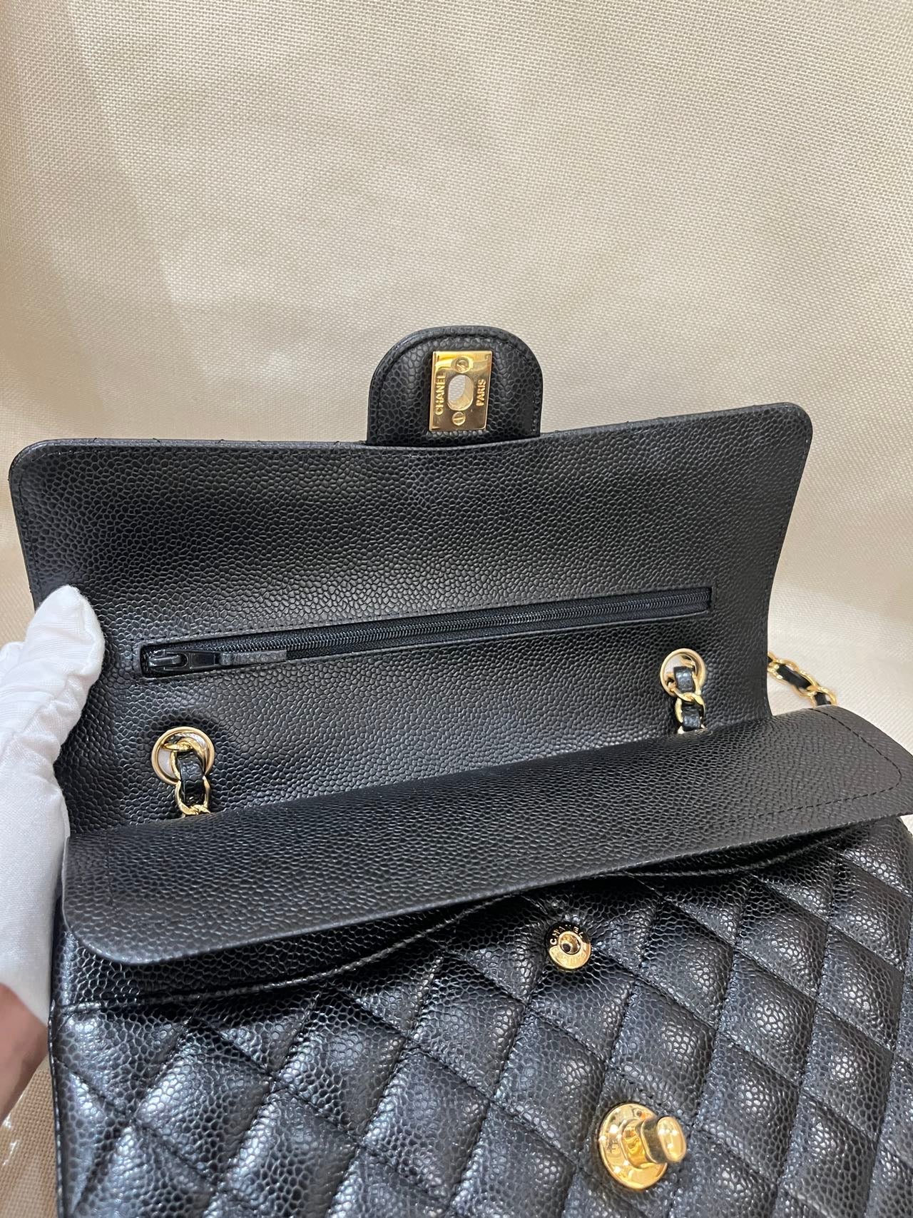 Pre-owned Certified Chanel Medium CF Double Classic Flap in Black Caviar Leather with Golden Hardware, 2021, w/ full set
