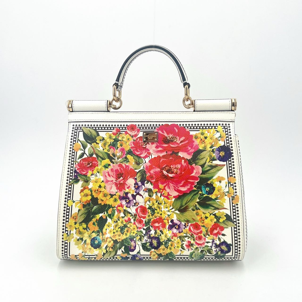 Pre-owned Certified D&G Dolce & Gabbana Large Sicily in White Calfskin with Floral Pattern, with Golden Hardware, w/ dust bag, card  wallet, strap