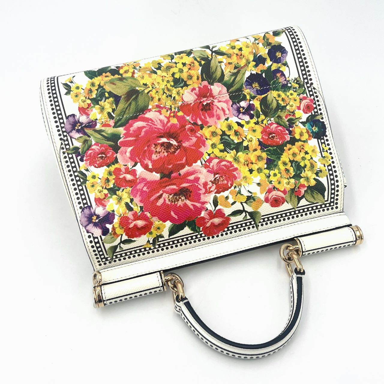 Pre-owned Certified D&G Dolce & Gabbana Large Sicily in White Calfskin with Floral Pattern, with Golden Hardware, w/ dust bag, card  wallet, strap