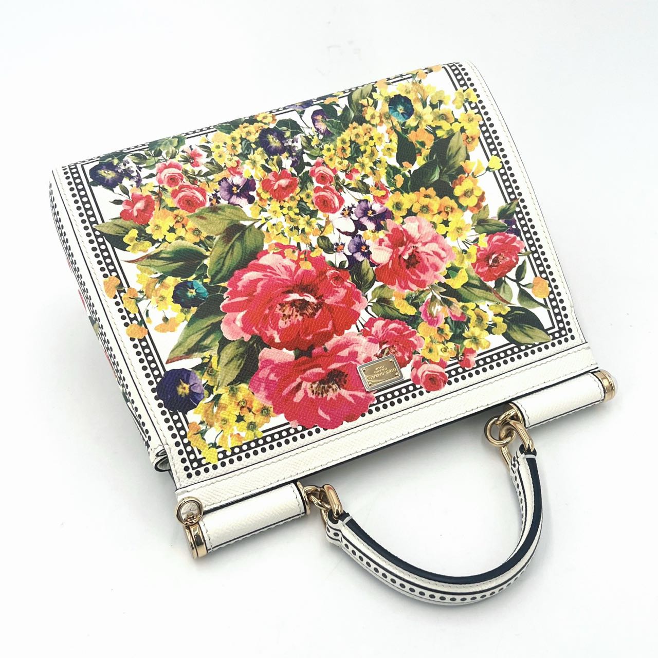 Pre-owned Certified D&G Dolce & Gabbana Large Sicily in White Calfskin with Floral Pattern, with Golden Hardware, w/ dust bag, card  wallet, strap