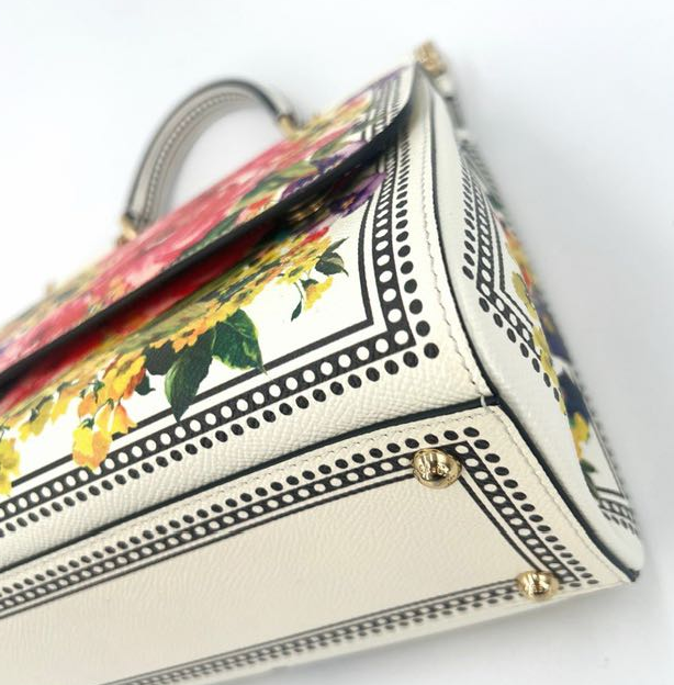 Pre-owned Certified D&G Dolce & Gabbana Large Sicily in White Calfskin with Floral Pattern, with Golden Hardware, w/ dust bag, card  wallet, strap