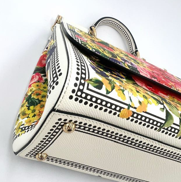 Pre-owned Certified D&G Dolce & Gabbana Large Sicily in White Calfskin with Floral Pattern, with Golden Hardware, w/ dust bag, card  wallet, strap