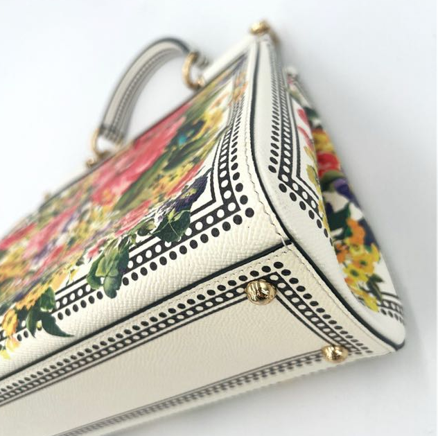 Pre-owned Certified D&G Dolce & Gabbana Large Sicily in White Calfskin with Floral Pattern, with Golden Hardware, w/ dust bag, card  wallet, strap
