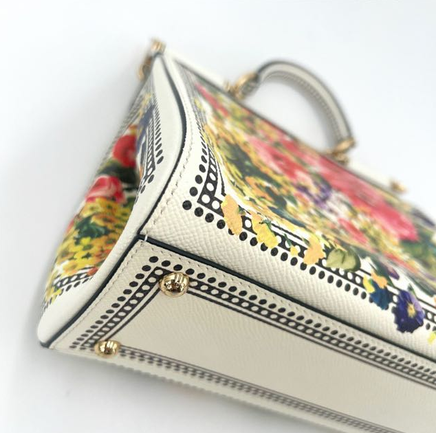 Pre-owned Certified D&G Dolce & Gabbana Large Sicily in White Calfskin with Floral Pattern, with Golden Hardware, w/ dust bag, card  wallet, strap