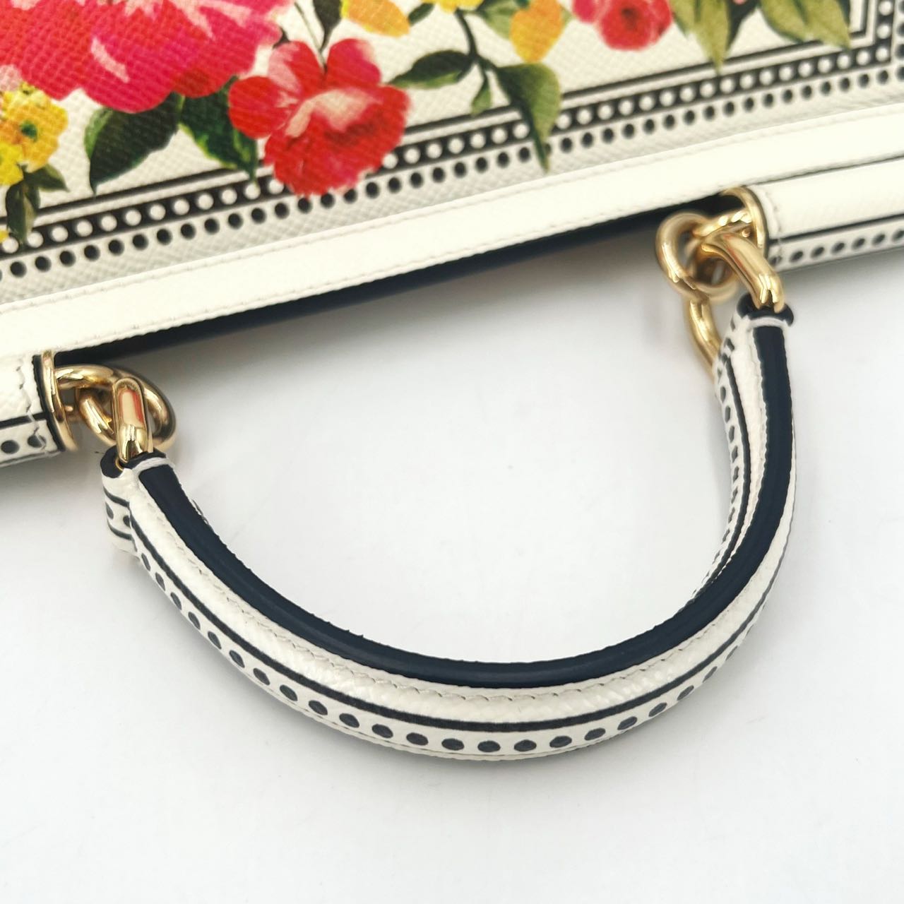 Pre-owned Certified D&G Dolce & Gabbana Large Sicily in White Calfskin with Floral Pattern, with Golden Hardware, w/ dust bag, card  wallet, strap