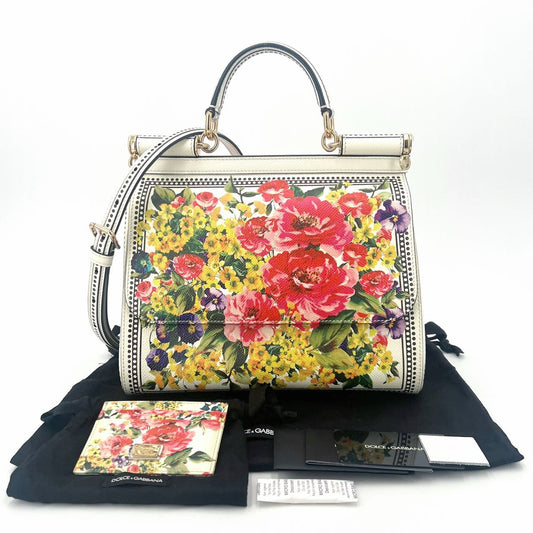 Pre-owned Certified D&G Dolce & Gabbana Large Sicily in White Calfskin with Floral Pattern, with Golden Hardware, w/ dust bag, card  wallet, strap