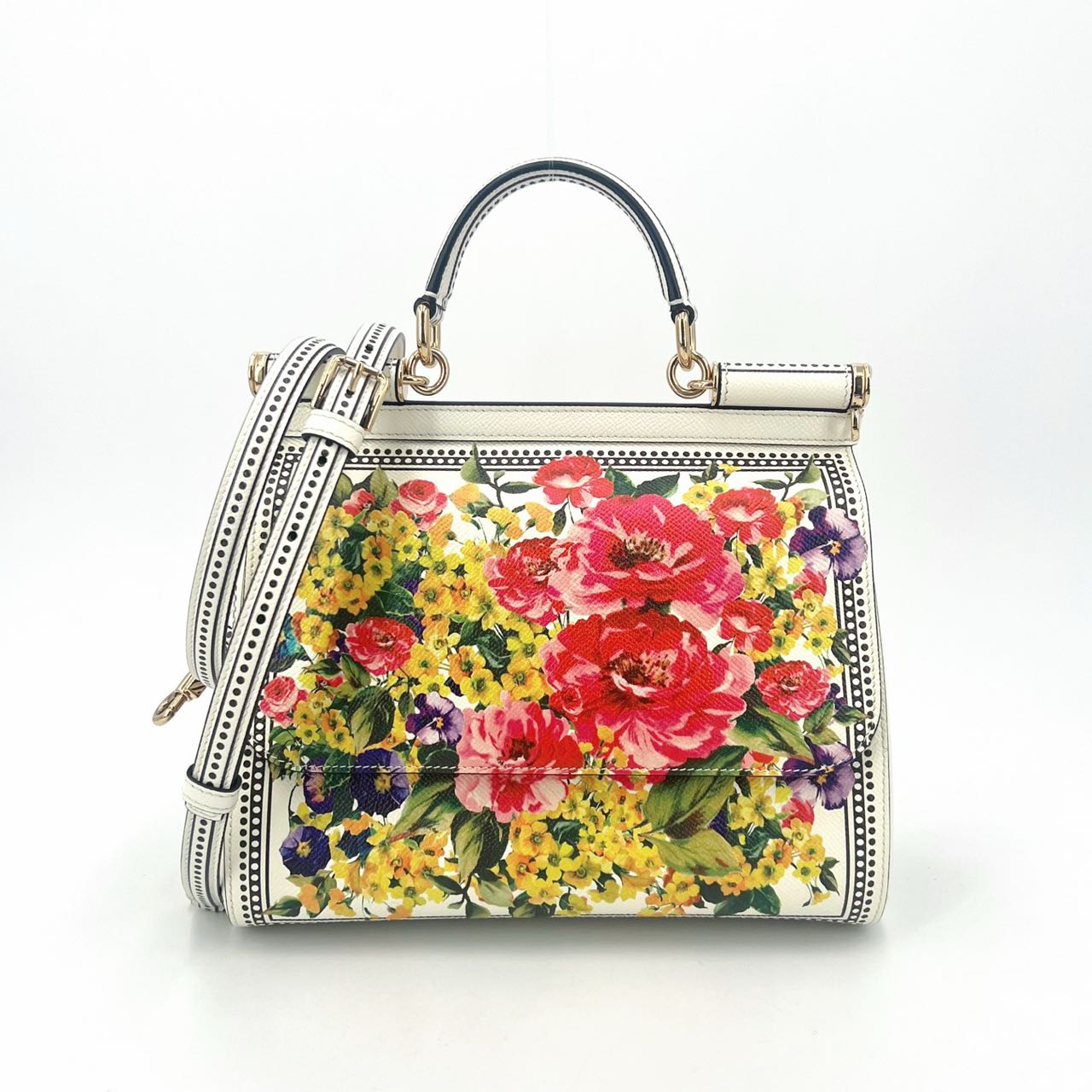 Pre-owned Certified D&G Dolce & Gabbana Large Sicily in White Calfskin with Floral Pattern, with Golden Hardware, w/ dust bag, card  wallet, strap