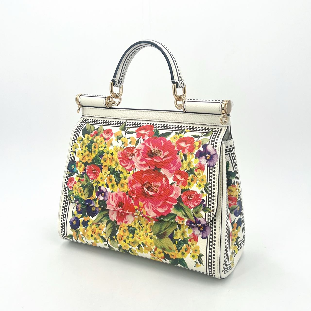 Pre-owned Certified D&G Dolce & Gabbana Large Sicily in White Calfskin with Floral Pattern, with Golden Hardware, w/ dust bag, card  wallet, strap