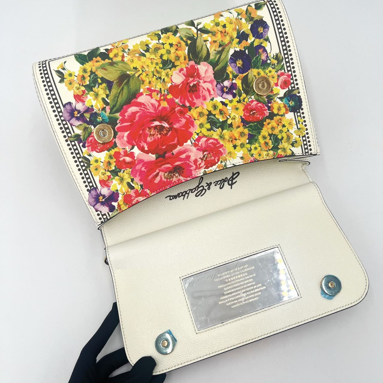 Pre-owned Certified D&G Dolce & Gabbana Large Sicily in White Calfskin with Floral Pattern, with Golden Hardware, w/ dust bag, card  wallet, strap