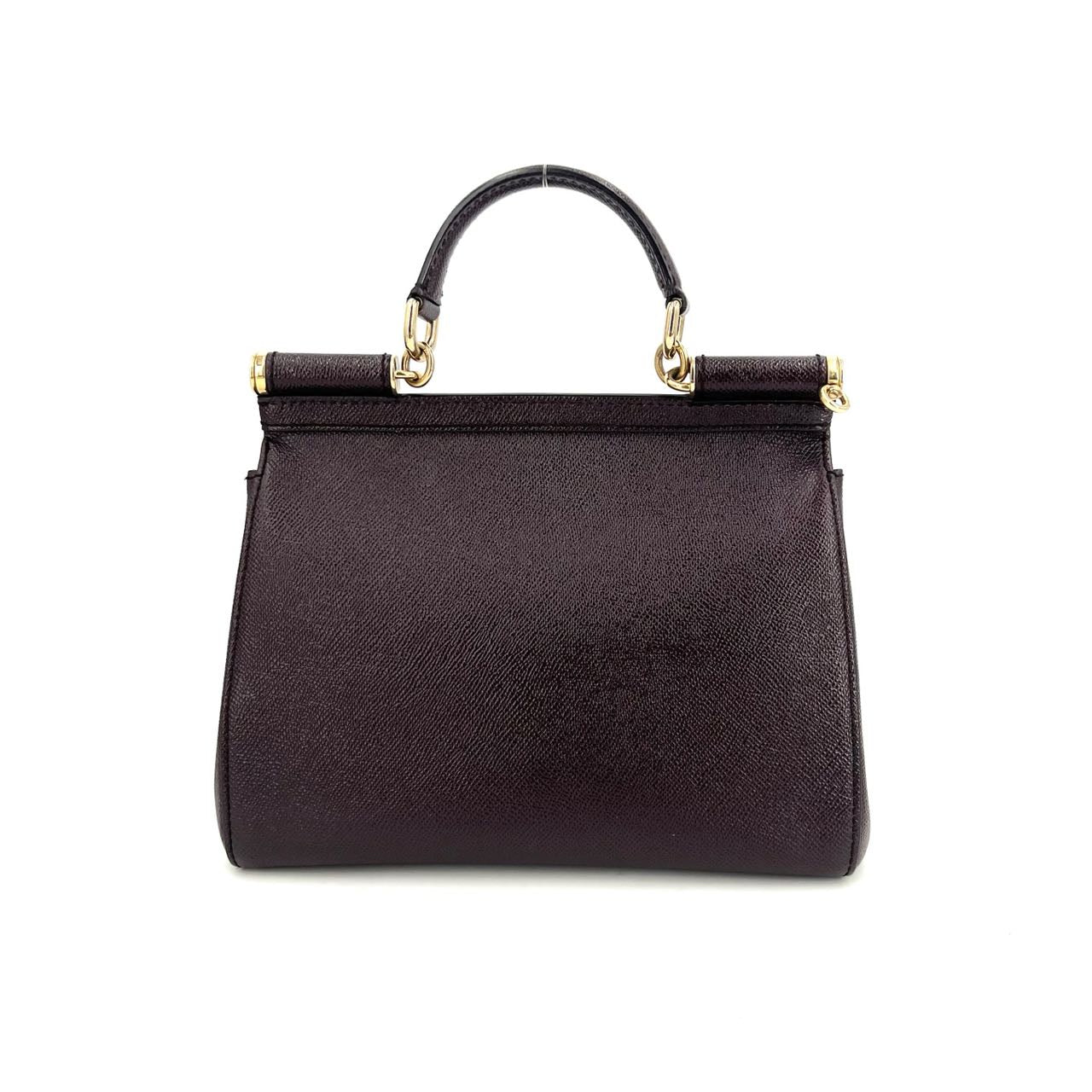 Pre-owned Certified D&G Dolce & Gabbana Large Sicily Handbag in Dark Burgundy Calfskin with Golden Hardware, w/ dust bag, strap