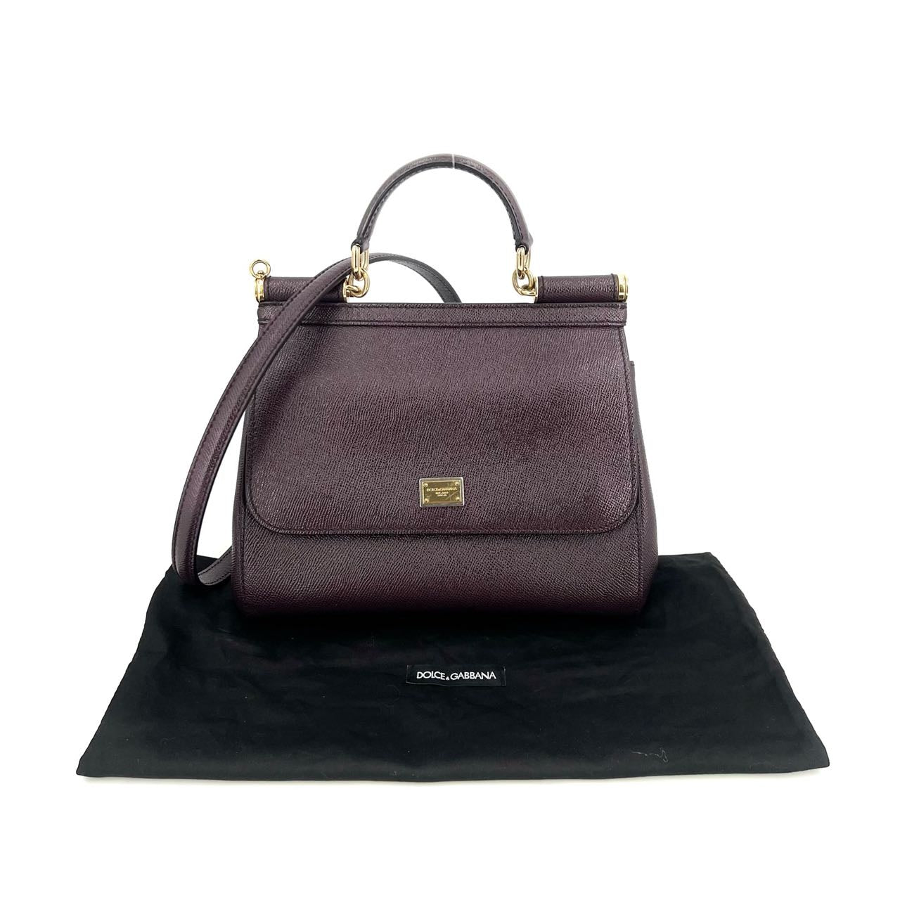 Pre-owned Certified D&G Dolce & Gabbana Large Sicily Handbag in Dark Burgundy Calfskin with Golden Hardware, w/ dust bag, strap