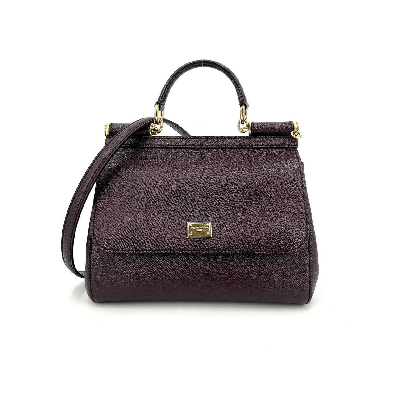 Pre-owned Certified D&G Dolce & Gabbana Large Sicily Handbag in Dark Burgundy Calfskin with Golden Hardware, w/ dust bag, strap