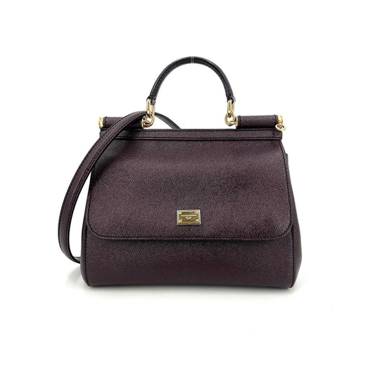 Pre-owned Certified D&G Dolce & Gabbana Large Sicily Handbag in Dark Burgundy Calfskin with Golden Hardware, w/ dust bag, strap