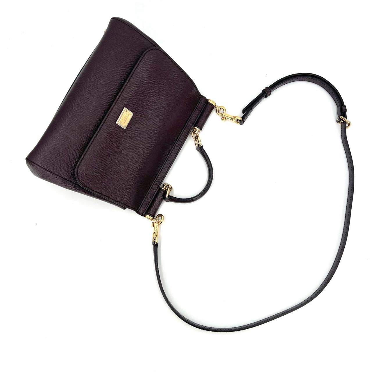 Pre-owned Certified D&G Dolce & Gabbana Large Sicily Handbag in Dark Burgundy Calfskin with Golden Hardware, w/ dust bag, strap