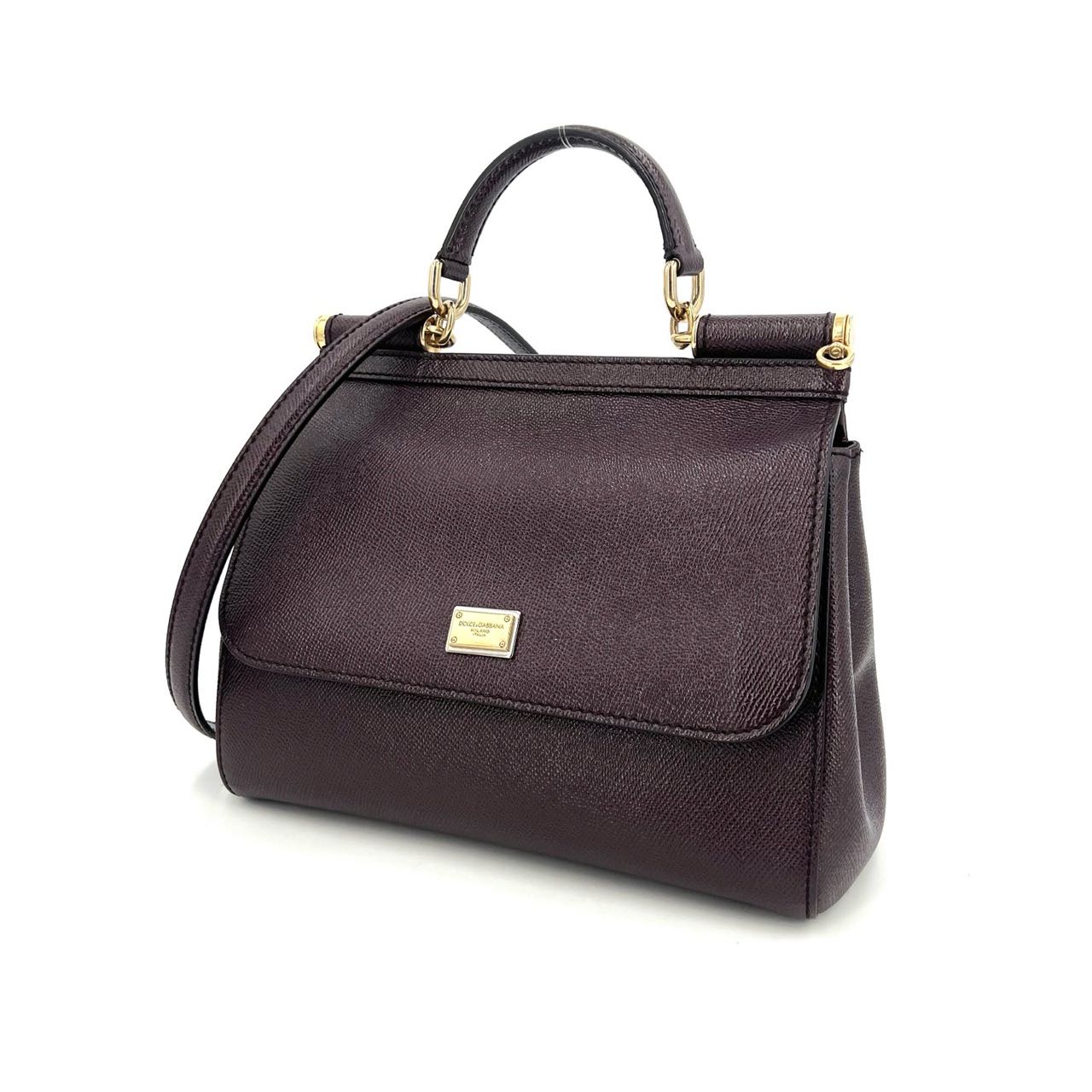 Pre-owned Certified D&G Dolce & Gabbana Large Sicily Handbag in Dark Burgundy Calfskin with Golden Hardware, w/ dust bag, strap