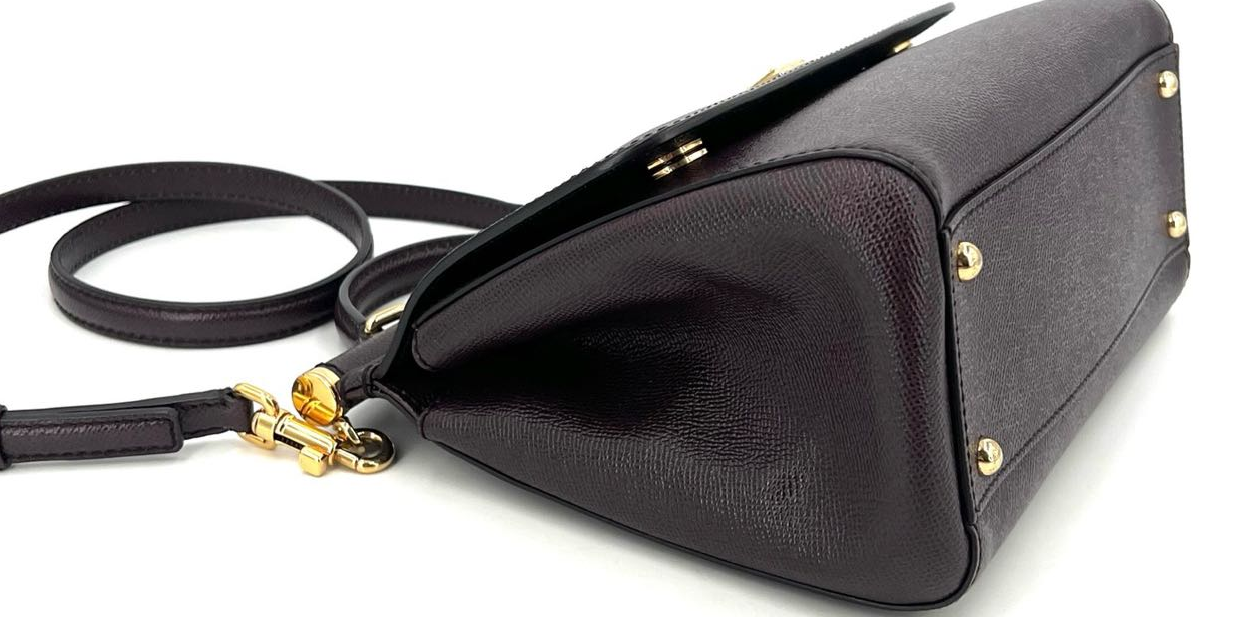Pre-owned Certified D&G Dolce & Gabbana Large Sicily Handbag in Dark Burgundy Calfskin with Golden Hardware, w/ dust bag, strap