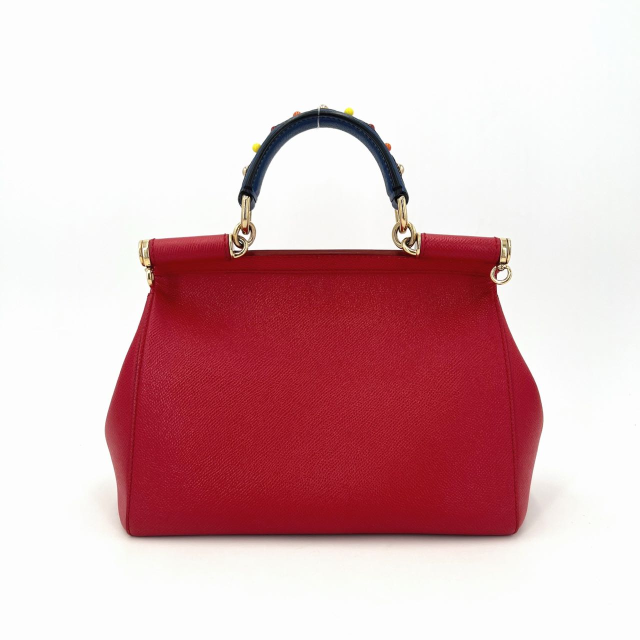 Pre-owned Certified D&G Dolce & Gabbana Large Sicily Handbag in Red Calfskin with Decorated Handle with Golden Hardware, w/ strap