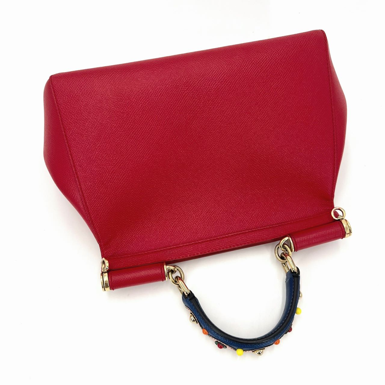 Pre-owned Certified D&G Dolce & Gabbana Large Sicily Handbag in Red Calfskin with Decorated Handle with Golden Hardware, w/ strap
