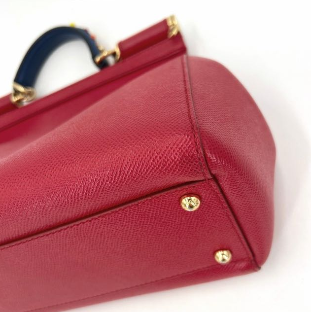Pre-owned Certified D&G Dolce & Gabbana Large Sicily Handbag in Red Calfskin with Decorated Handle with Golden Hardware, w/ strap
