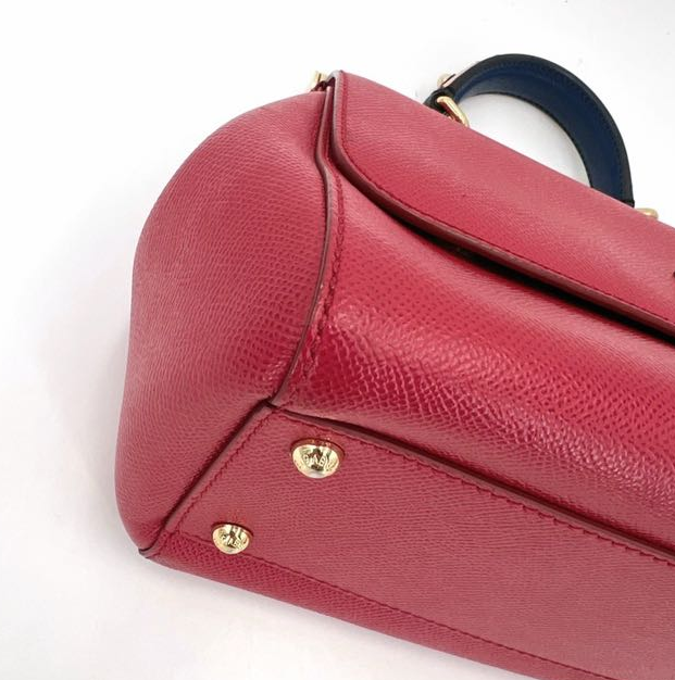 Pre-owned Certified D&G Dolce & Gabbana Large Sicily Handbag in Red Calfskin with Decorated Handle with Golden Hardware, w/ strap