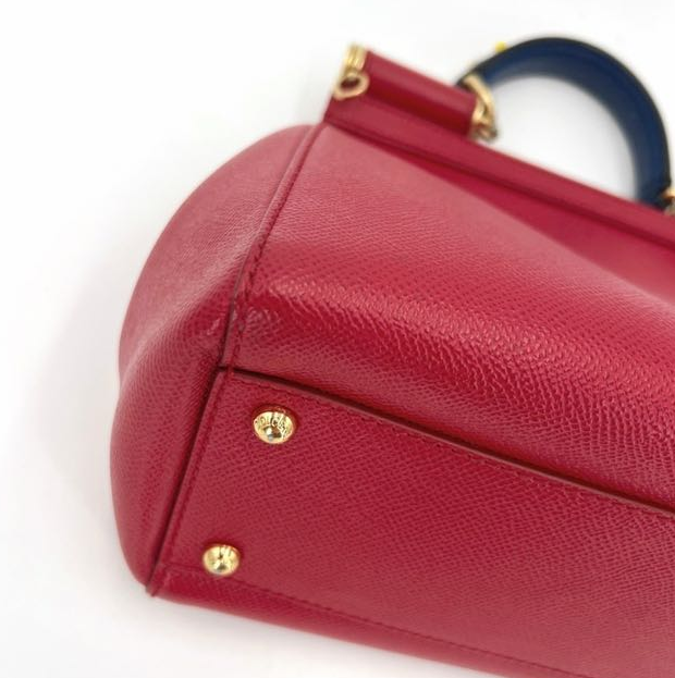 Pre-owned Certified D&G Dolce & Gabbana Large Sicily Handbag in Red Calfskin with Decorated Handle with Golden Hardware, w/ strap