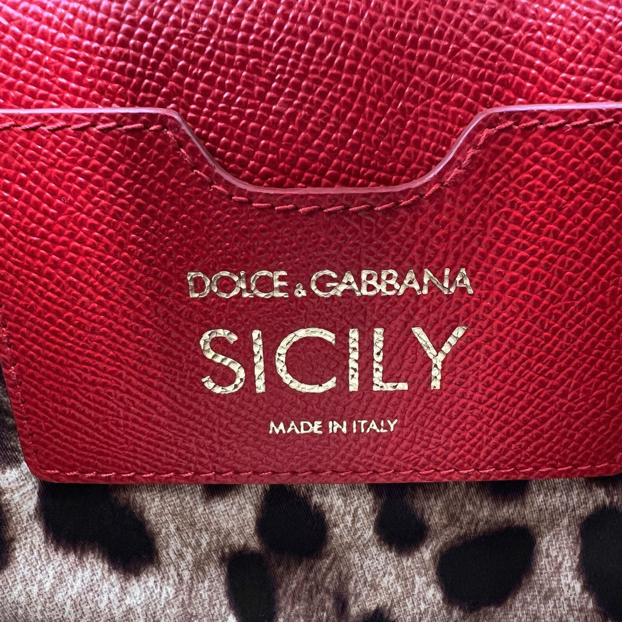 Pre-owned Certified D&G Dolce & Gabbana Large Sicily Handbag in Red Calfskin with Decorated Handle with Golden Hardware, w/ strap