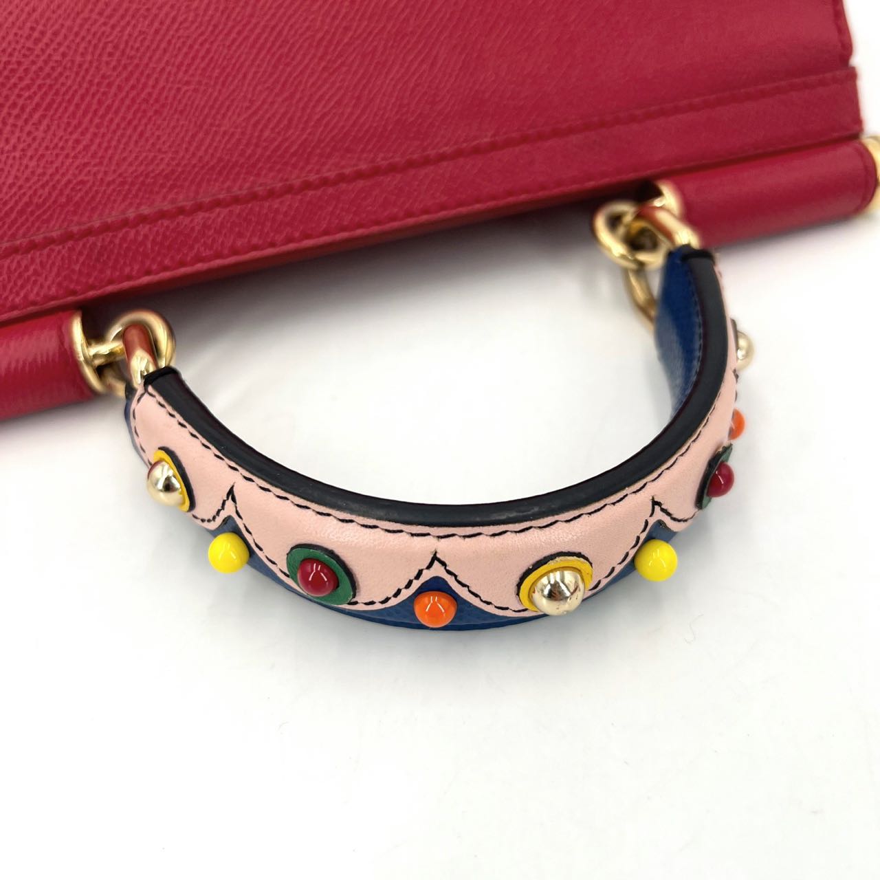 Pre-owned Certified D&G Dolce & Gabbana Large Sicily Handbag in Red Calfskin with Decorated Handle with Golden Hardware, w/ strap