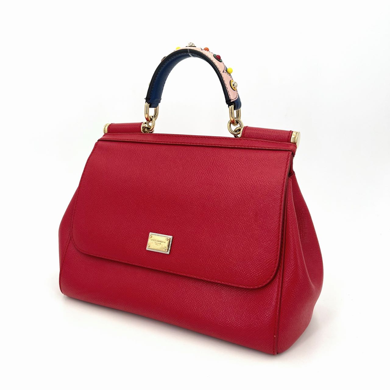 Pre-owned Certified D&G Dolce & Gabbana Large Sicily Handbag in Red Calfskin with Decorated Handle with Golden Hardware, w/ strap