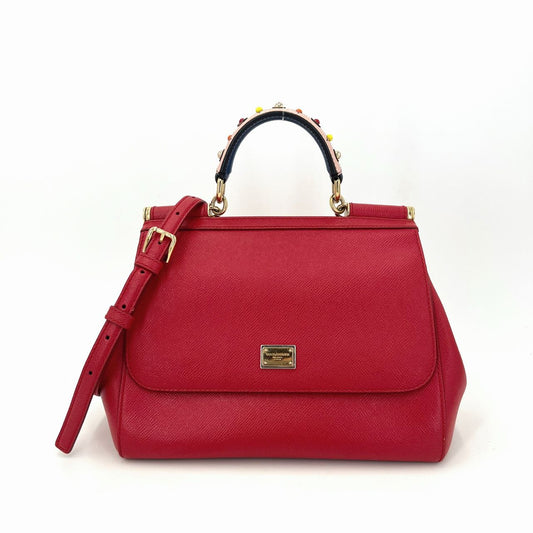 Pre-owned Certified D&G Dolce & Gabbana Large Sicily Handbag in Red Calfskin with Decorated Handle with Golden Hardware, w/ strap