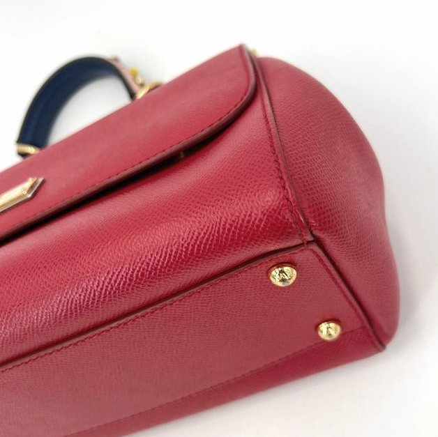 Pre-owned Certified D&G Dolce & Gabbana Large Sicily Handbag in Red Calfskin with Decorated Handle with Golden Hardware, w/ strap