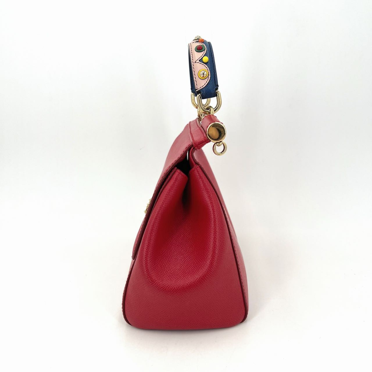 Pre-owned Certified D&G Dolce & Gabbana Large Sicily Handbag in Red Calfskin with Decorated Handle with Golden Hardware, w/ strap