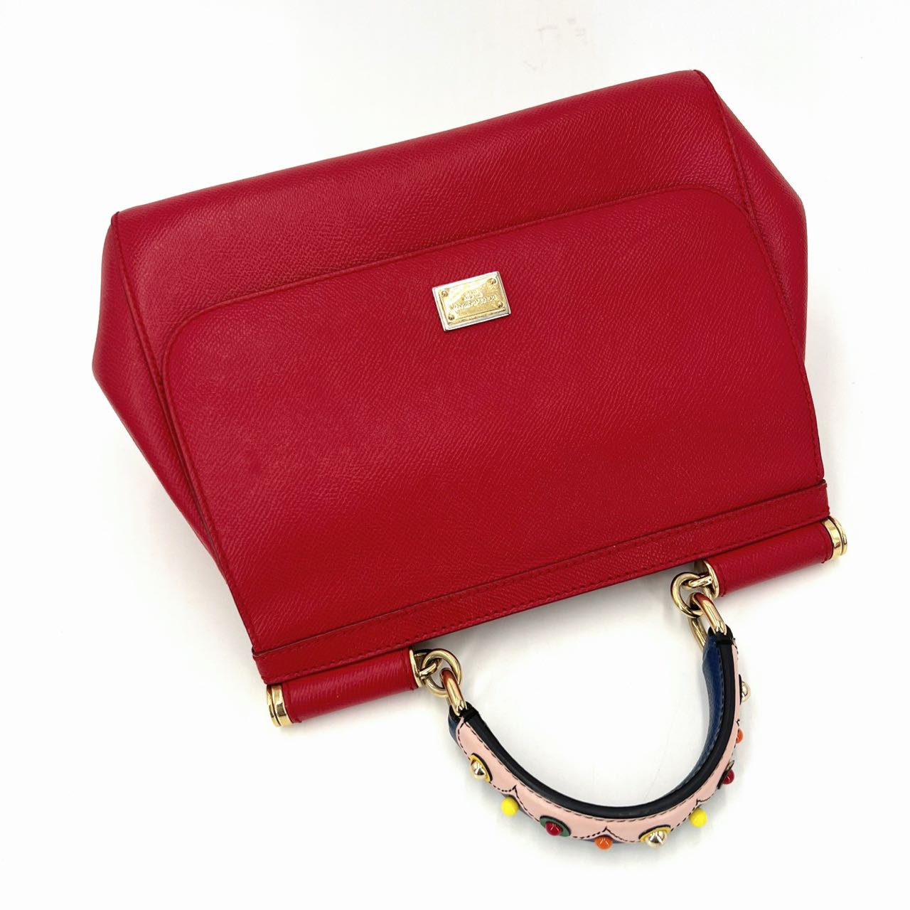 Pre-owned Certified D&G Dolce & Gabbana Large Sicily Handbag in Red Calfskin with Decorated Handle with Golden Hardware, w/ strap