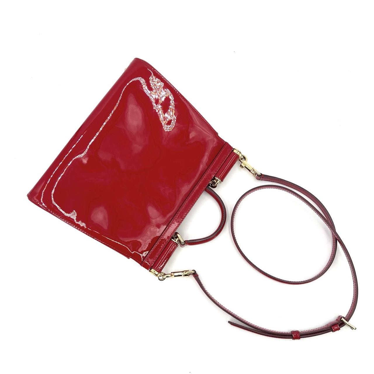 Pre-owned Certified D&G Dolce & Gabbana Large Sicily Handbag in Red Patent Leather with Golden Hardware, w/ dust bag, strap
