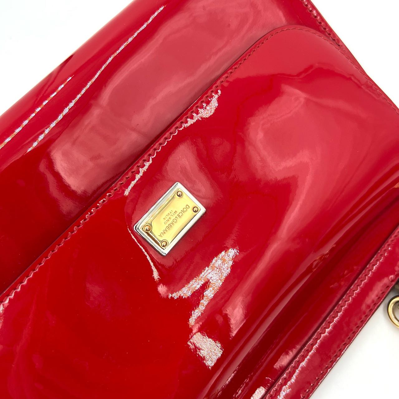 Pre-owned Certified D&G Dolce & Gabbana Large Sicily Handbag in Red Patent Leather with Golden Hardware, w/ dust bag, strap