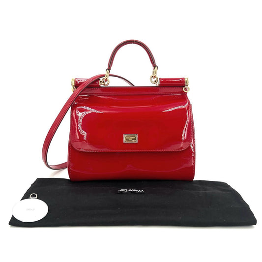 Pre-owned Certified D&G Dolce & Gabbana Large Sicily Handbag in Red Patent Leather with Golden Hardware, w/ dust bag, strap