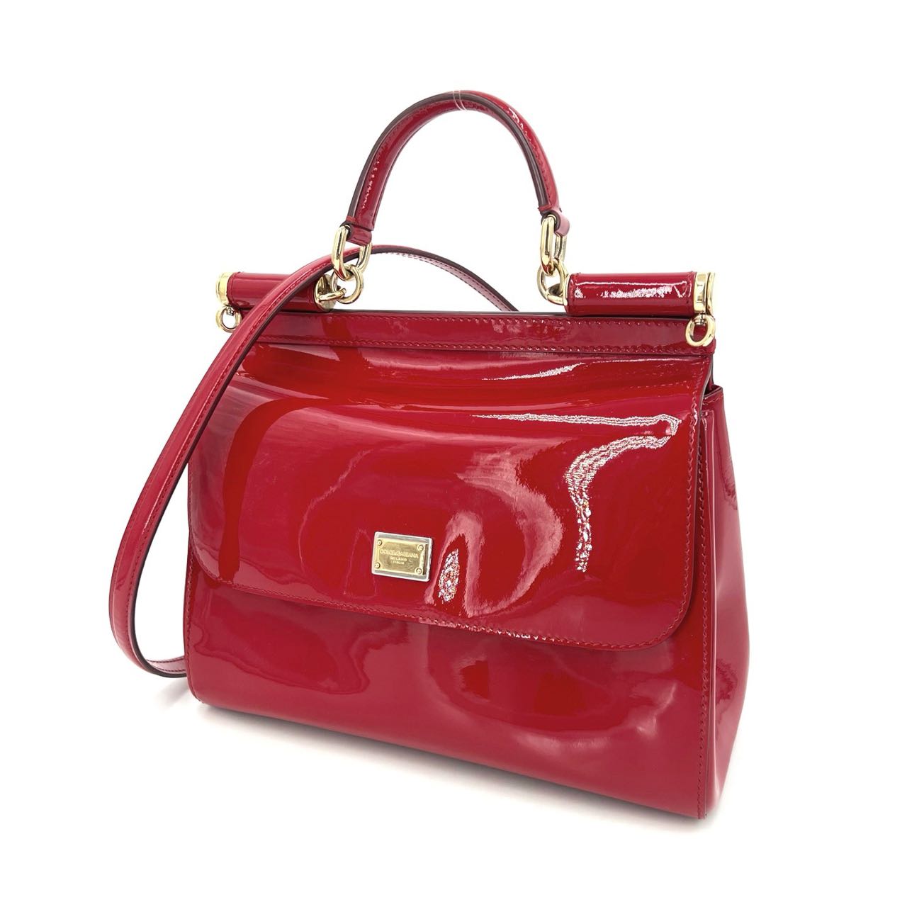 Pre-owned Certified D&G Dolce & Gabbana Large Sicily Handbag in Red Patent Leather with Golden Hardware, w/ dust bag, strap
