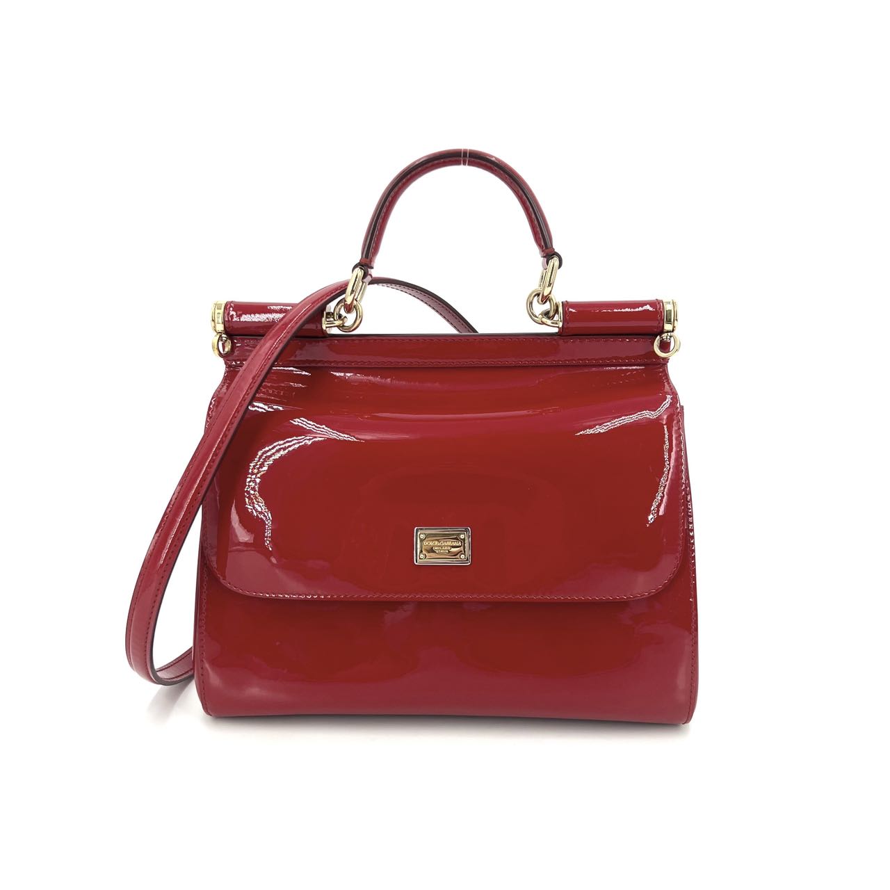 Pre-owned Certified D&G Dolce & Gabbana Large Sicily Handbag in Red Patent Leather with Golden Hardware, w/ dust bag, strap