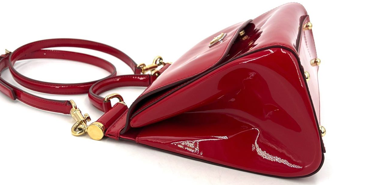Pre-owned Certified D&G Dolce & Gabbana Large Sicily Handbag in Red Patent Leather with Golden Hardware, w/ dust bag, strap