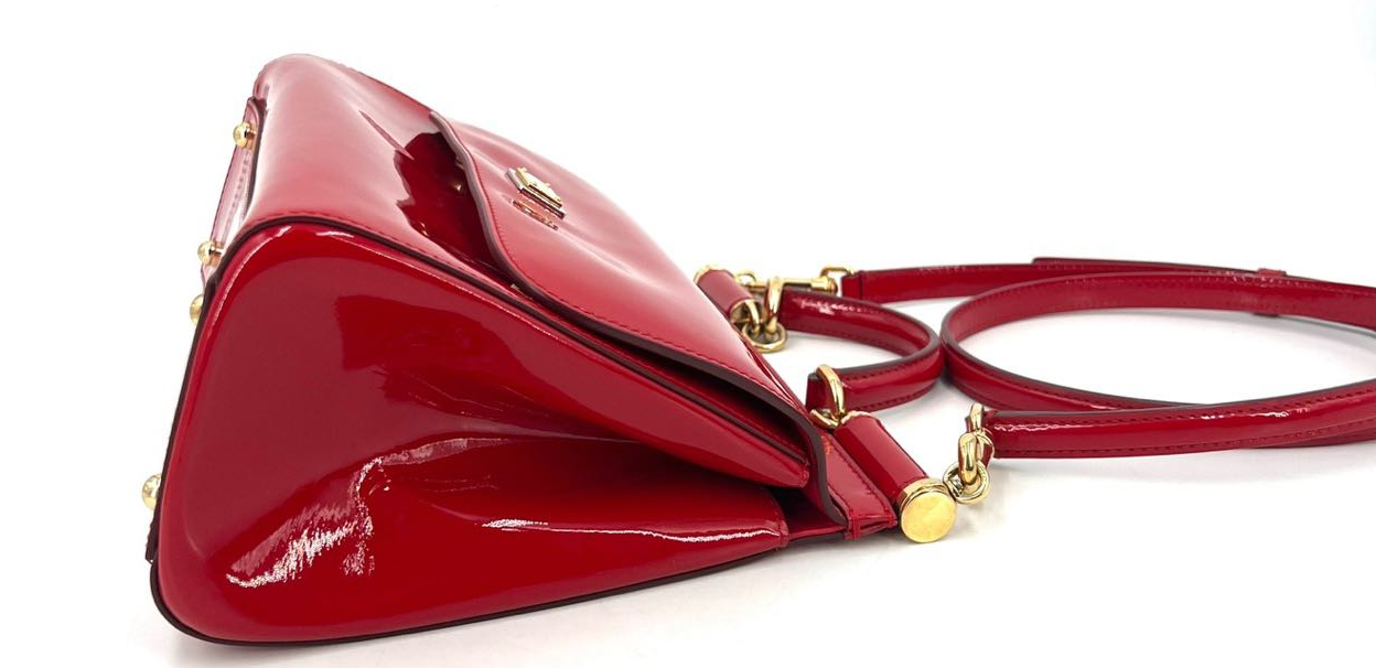 Pre-owned Certified D&G Dolce & Gabbana Large Sicily Handbag in Red Patent Leather with Golden Hardware, w/ dust bag, strap
