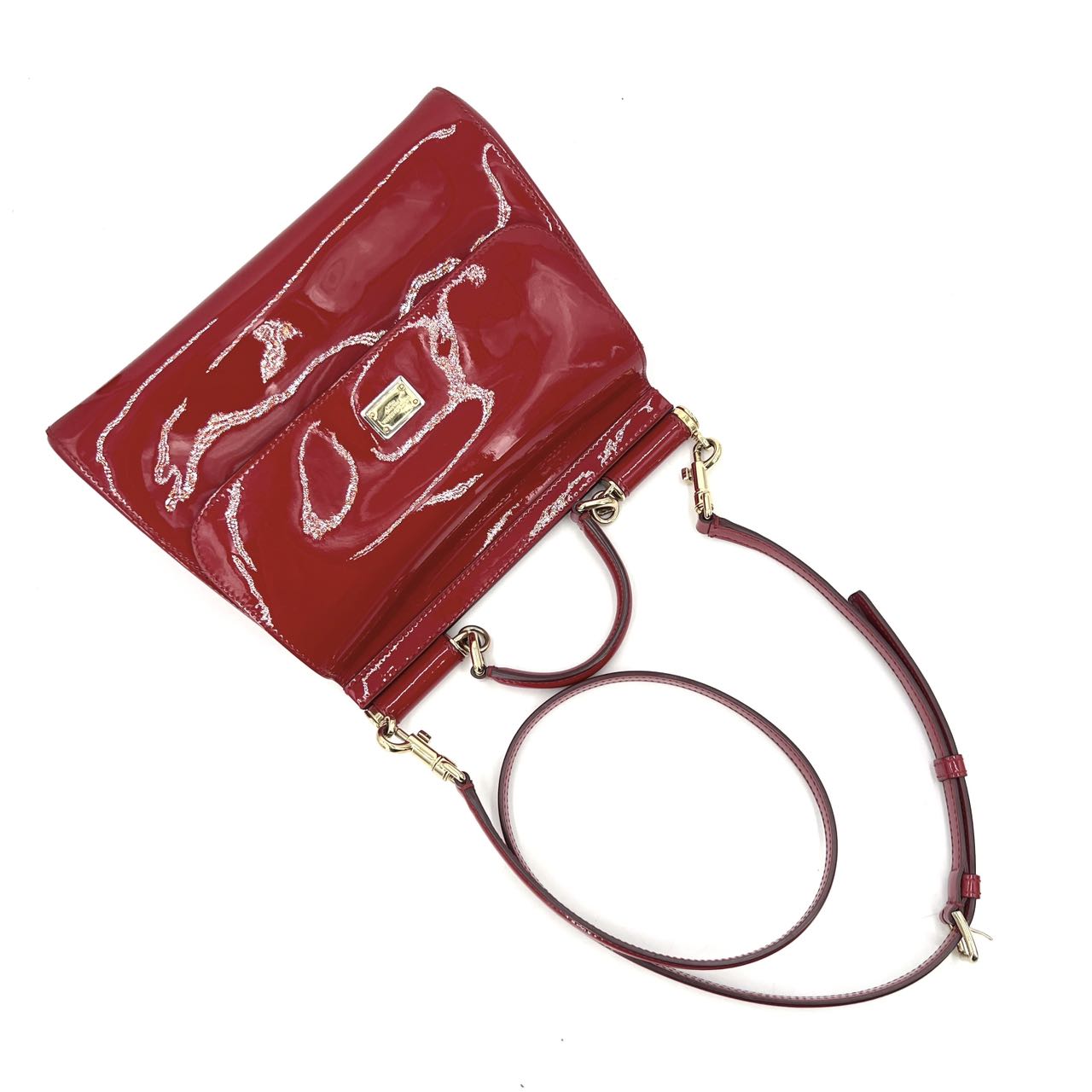 Pre-owned Certified D&G Dolce & Gabbana Large Sicily Handbag in Red Patent Leather with Golden Hardware, w/ dust bag, strap