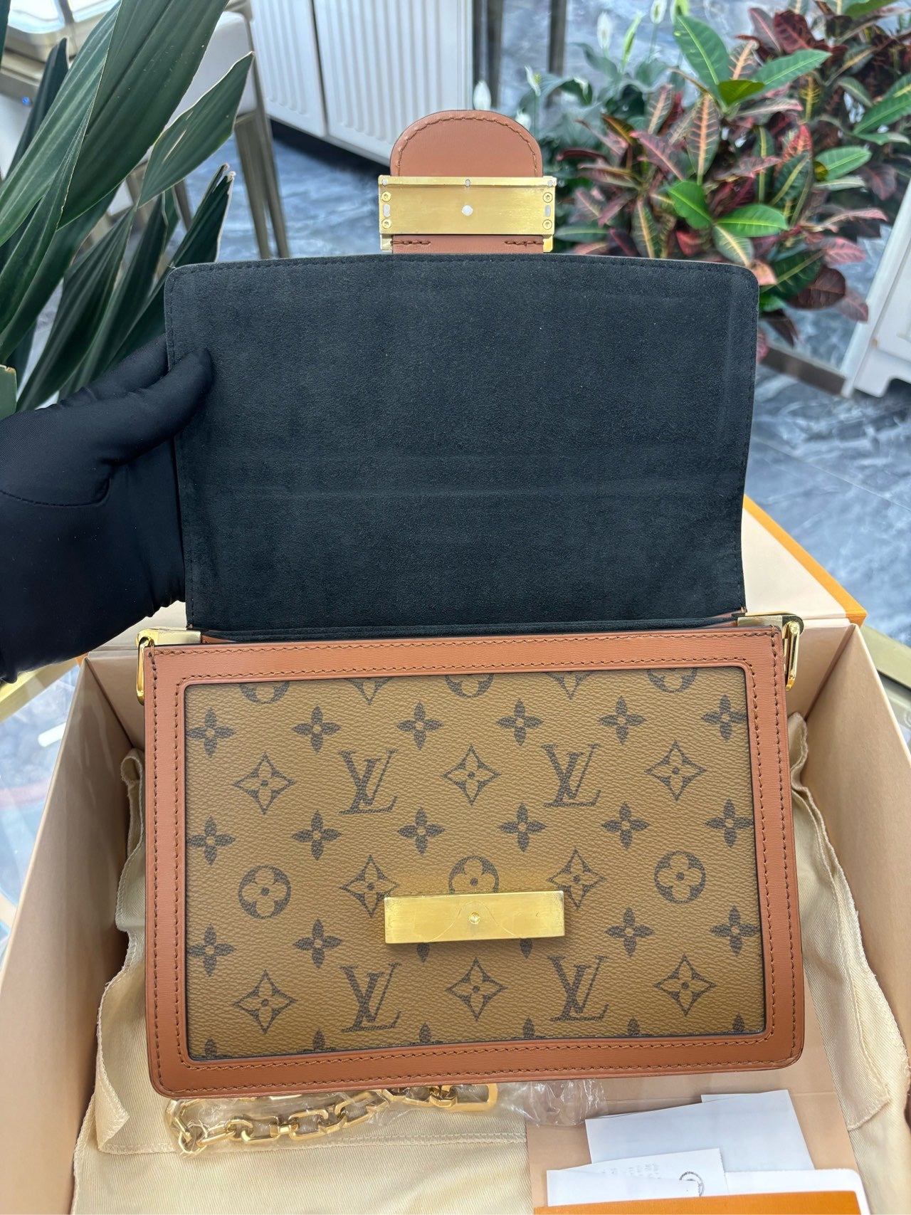 Pre-owned LV Dauphine MM Monogram Reverse Brown Calfskin Golden hw, microchipped, 2021, Full Set!