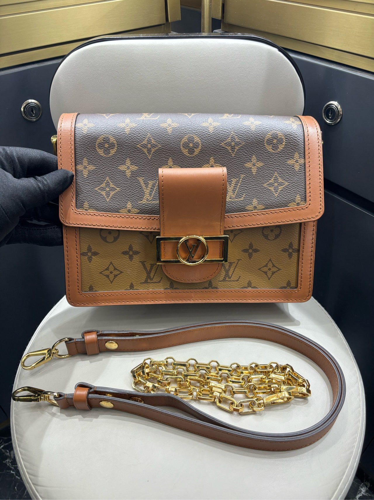 Pre-owned LV Dauphine Monogram Reverse with Cognac Brown Accents, Golden Hardware, 2020, w/ long strap, chain