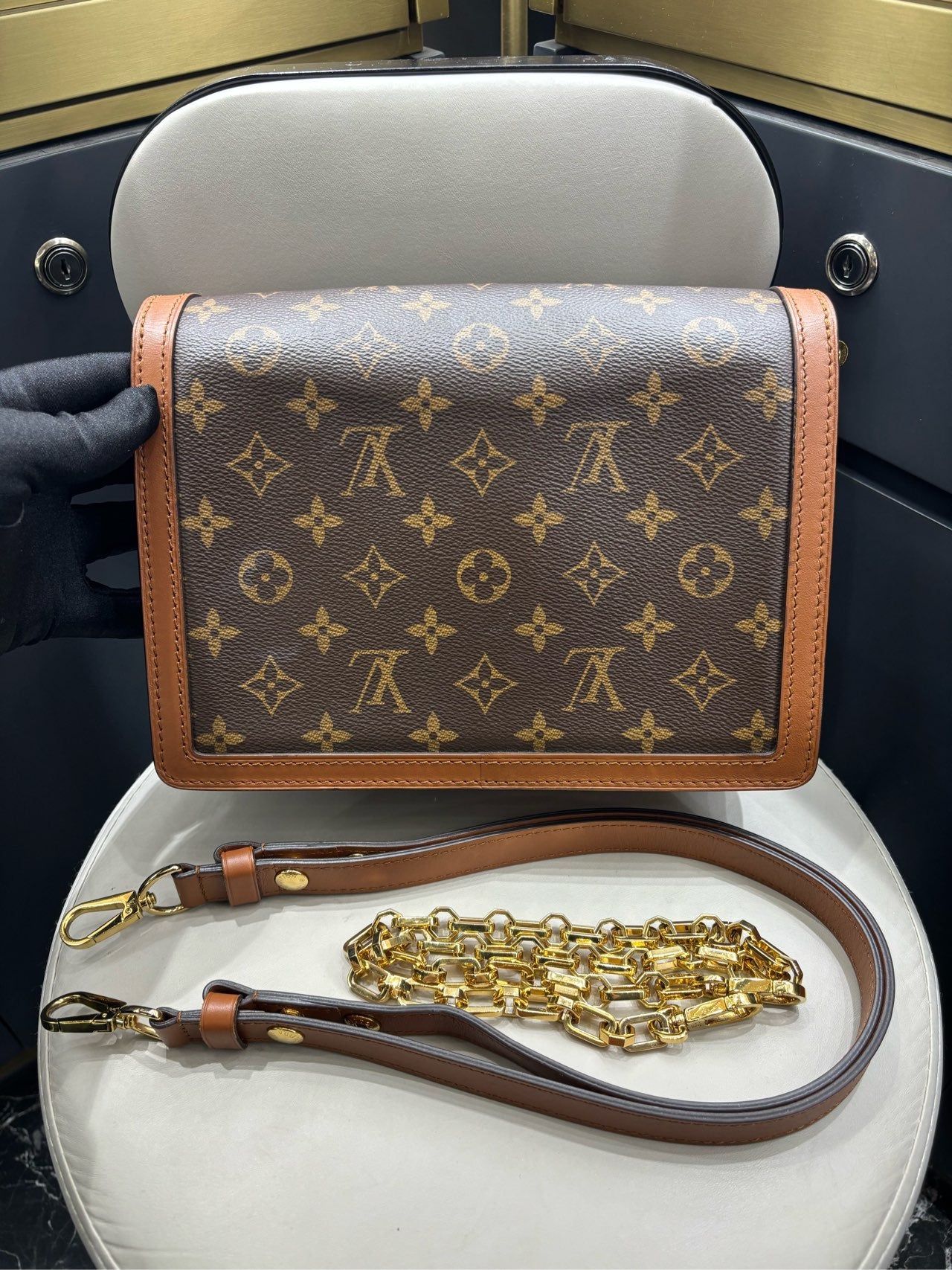 Pre-owned LV Dauphine Monogram Reverse with Cognac Brown Accents, Golden Hardware, 2020, w/ long strap, chain