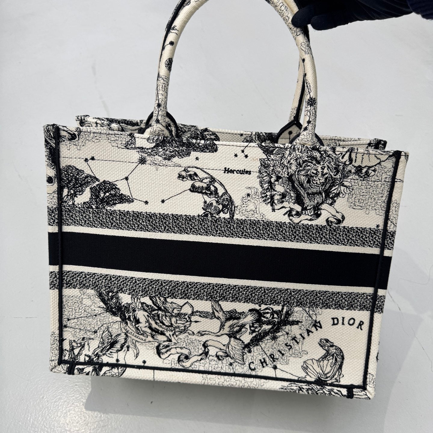 Pre-owned Certified Dior Book tote MM with Black and White Zodiac Embroidery, 2021, w/ dust bag