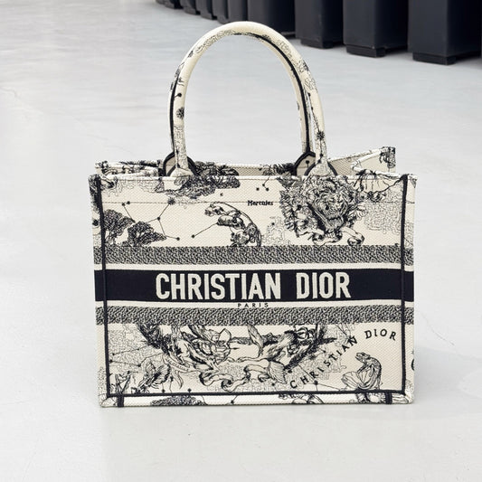 Pre-owned Certified Dior Book tote MM with Black and White Zodiac Embroidery, 2021, w/ dust bag