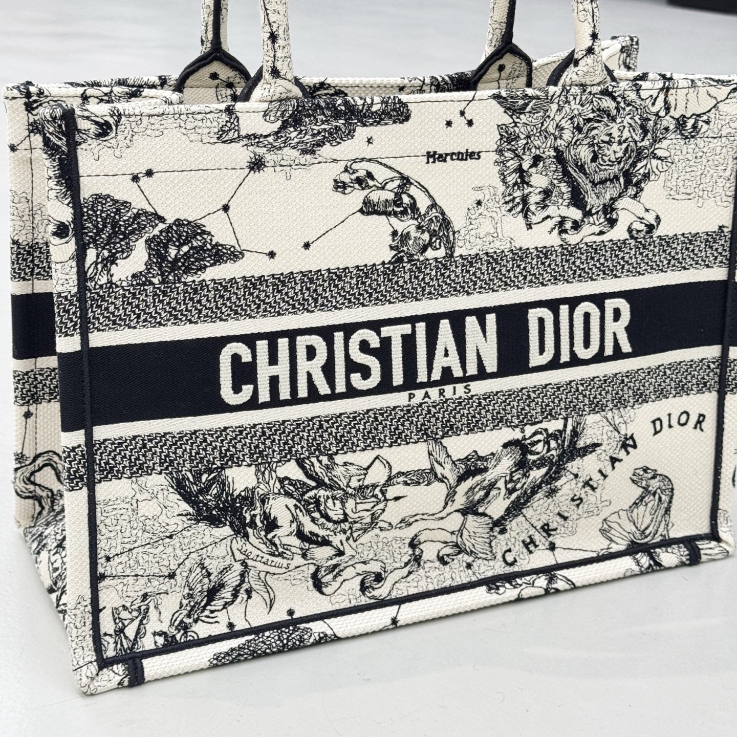 Pre-owned Certified Dior Book tote MM with Black and White Zodiac Embroidery, 2021, w/ dust bag