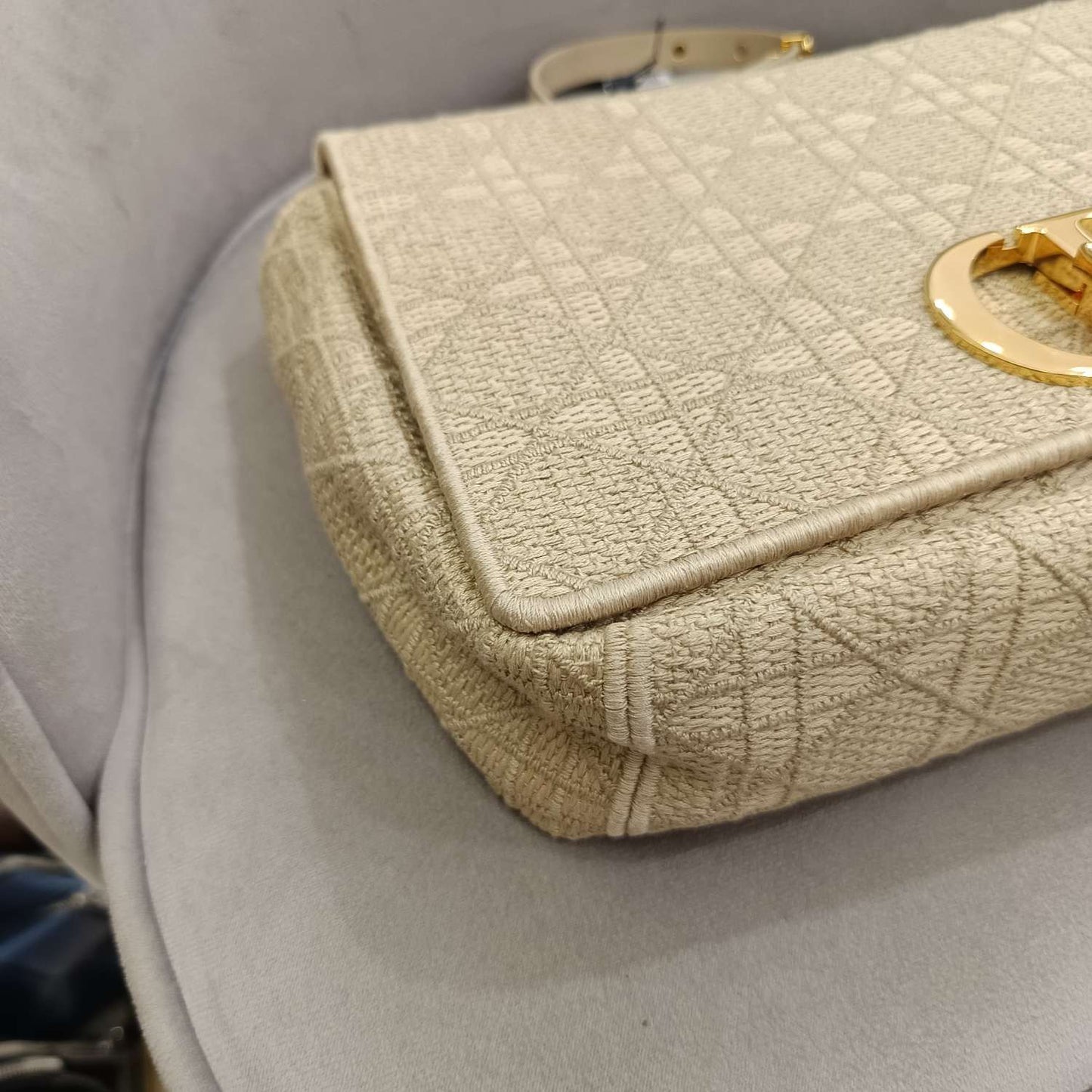 Pre-owned Dior Caro Large in Beige Canvas with Golden Hardware, w/ dust bag